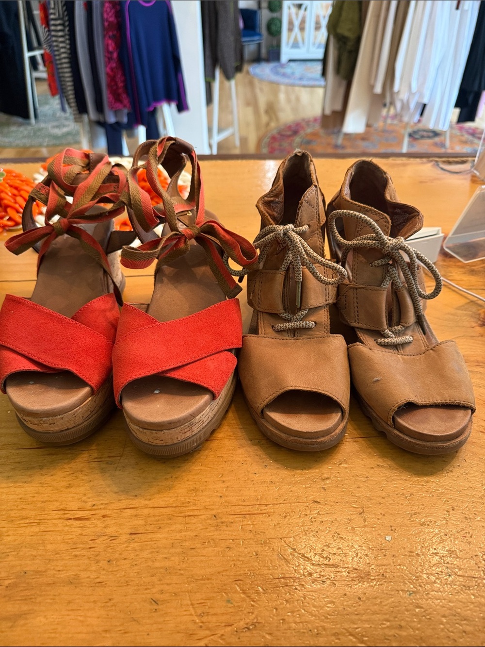 Sorel Red Suede Wrap Wedges and Sorel Tan Lace-Up Wedges